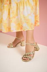 Gold Shimmer Floral Block Heel Sandals In Extra Wide EEE Fit | Yours Clothing 1