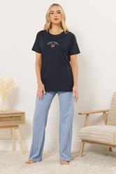 LTS Tall Women's Navy Blue 'Sunday Brunch' Slogan Striped Pyjama Set | Long Tall Sally 2