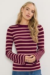 LTS Tall Burgundy Red Striped Ribbed Jumper | Long Tall Sally 1