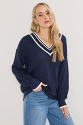 LTS Tall Navy Blue Contrast V-Neck Jumper | Long Tall Sally 2
