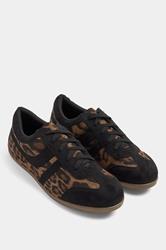 Black Leopard Print Low Retro Stripe Trainers In Extra Wide EEE Fit