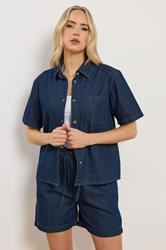 LTS Tall Women's Indigo Blue Denim Short Sleeve Cotton Shirt | Long Tall Sally 1