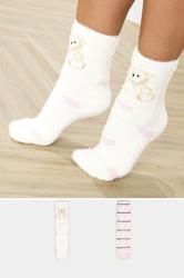 2 PACK White & Pink Teddy Bear Fluffy Bed Socks | Yours Clothing 1