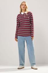 LTS Tall Red & Navy Blue Striped Jersey Polo Top | Long Tall Sally 2