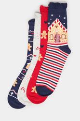 4 PACK Blue & Red Gingerbread Christmas Socks | Yours Clothing 3