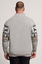 BadRhino Big & Tall Grey Fairisle Deer Quarter Zip Knitted Jumper | BadRhino 5
