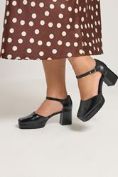 Black Faux Leather Platform Block Heels In Extra Wide EEE Fit | Yours Clothing 1