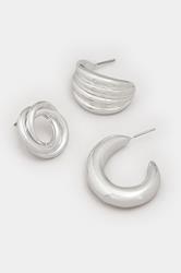 3 PACK Silver Tone Twist Hoop Earrings | Yours Clothing 2