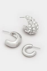 3 PACK Silver Tone Diamante Polished Hoop Earring Set | Yours Clothing 3