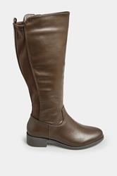 Chocolate Brown PU Stretch Heeled Knee High Boots In Wide E Fit & Extra Wide EEE Fit 3
