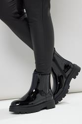 Black Patent Chunky Chelsea Boots In Extra Wide EEE Fit | Yours Clothing 1