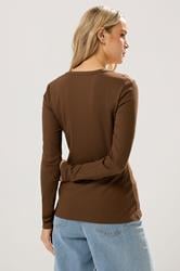 LTS Tall Chocolate Brown Cotton Ribbed Henley Top | Long Tall Sally 3