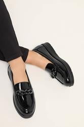 Black Chain Detail Flatform Loafers In Wide E Fit | Yours Clothing 1