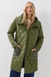 LTS Tall Khaki Green Funnel Neck Quilted Coat | Long Tall Sally 1