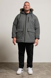JACK & JONES Big & Tall Grey Faux Fur Detachable Hooded Parka Jacket | BadRhino 2