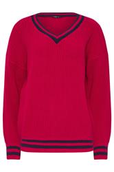 LTS Tall Red & Navy Blue Stripe V-Neck Jumper