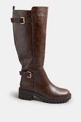 Brown Faux Leather Buckle Detail Knee High Boots In Standard Fit | Yours Clothing 3