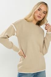 LTS Tall Natural Brown Piped Crew Neck Jumper | Long Tall Sally 1