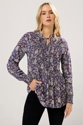 LTS Tall Purple Floral Tie Neck Pintuck Blouse | Long Tall Sally 1
