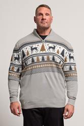 BadRhino Big & Tall Grey Fairisle Deer Quarter Zip Knitted Jumper | BadRhino 3