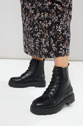 Black Faux Leather Chunky Lace Up Boots In Extra Wide EEE Fit | Yours Clothing 1