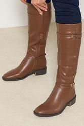 Brown Buckle Stretch Back Knee High Boots In Standard Fit | Yours Clothing 1