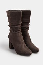 Chocolate Brown Faux Suede Ruched Block Heel Boots In Standard Fit | Yours Clothing 1