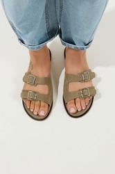 Taupe Brown Double Buckle Footed Mule In Extra Wide EEE Fit 1