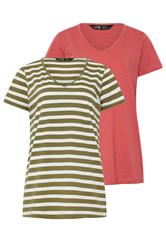 LTS Tall 2 PACK Coral Orange & Khaki Green Stripe T-Shirts | Long Tall Sally 1