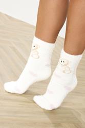 2 PACK White & Pink Teddy Bear Fluffy Bed Socks | Yours Clothing 2