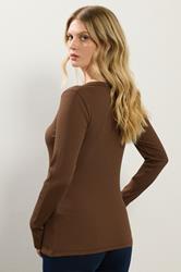 LTS Tall Chocolate Brown Cotton Ribbed Henley Top | Long Tall Sally 4