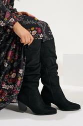 Black Faux Suede Ruched Western Boots In Extra Wide EEE Fit | Yours Clothing 1