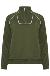 LTS Tall Women's Khaki Green Pipe Detail Quarter Zip Sweatshirt | Long Tall Sally 5