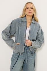 LTS Tall Women's Blue Washed Denim Bomber Jacket | Long Tall Sally 3