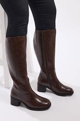 Brown Square Toe Knee High Boots In Extra Wide EEE Fit | Yours Clothing 1
