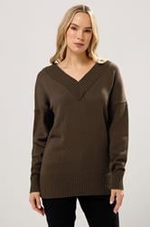 LTS Tall Chocolate Brown Knitted V-Neck Jumper | Long Tall Sally 1