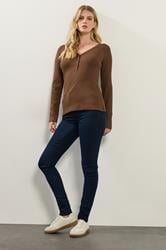 LTS Tall Chocolate Brown Cotton Ribbed Henley Top | Long Tall Sally 3