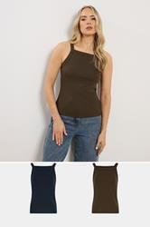 LTS Tall 2 PACK Women's Navy Blue & Brown High Neck Vest Tops | Long Tall Sally 3