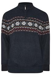 D555 Big & Tall Navy Blue Fairisle Quarter Zip Knitted Jumper | BadRhino 3