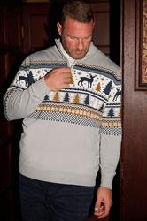 BadRhino Big & Tall Grey Fairisle Deer Quarter Zip Knitted Jumper | BadRhino 2