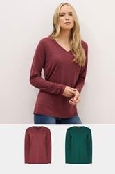 LTS PREMIUM Tall 2 PACK Burgundy Red & Green V-Neck Tops | Long Tall Sally 1