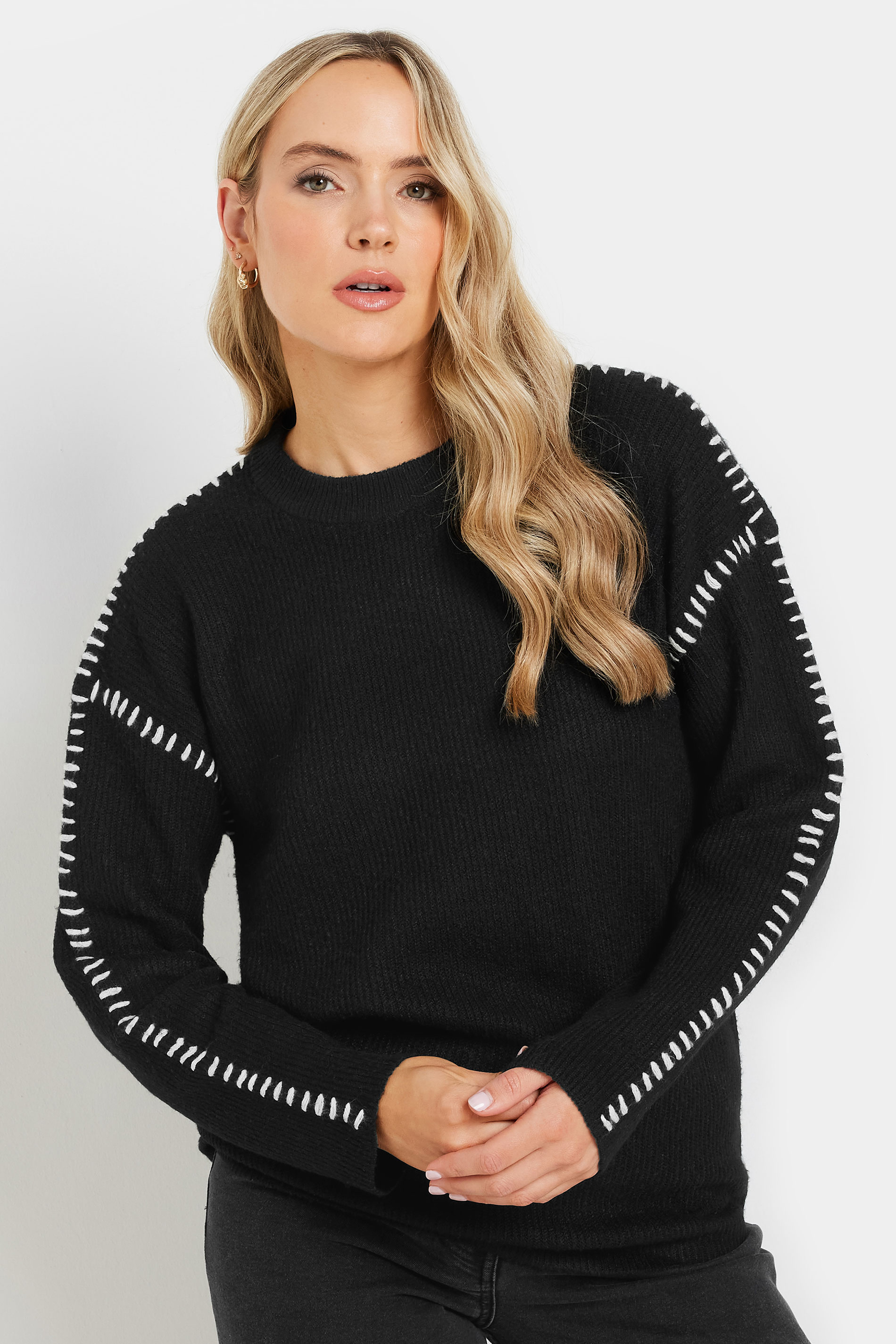 LTS Tall Black Knitted Contrast Stitch Jumper | Long Tall Sally 1