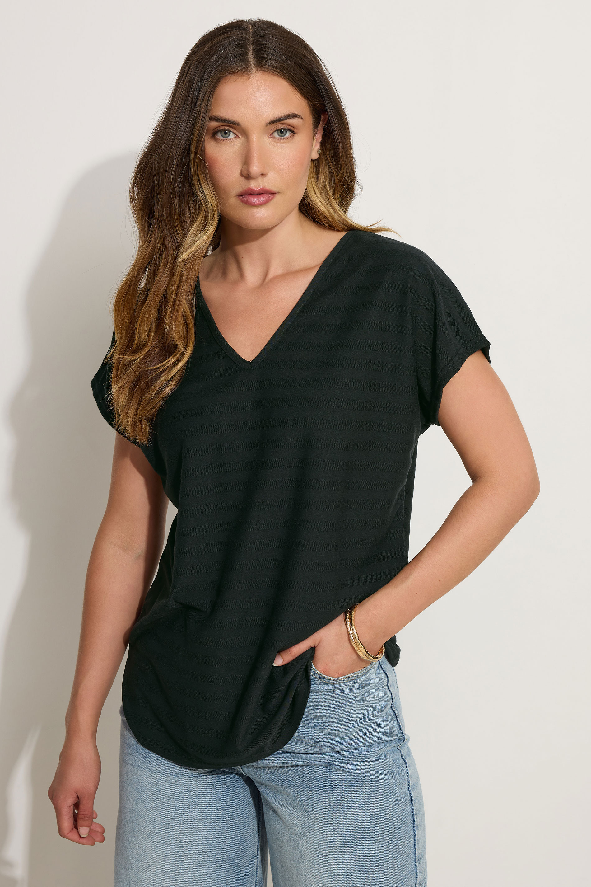 LTS Tall Black Shadow Stripe V-Neck Boxy Top | Long Tall Sally 1