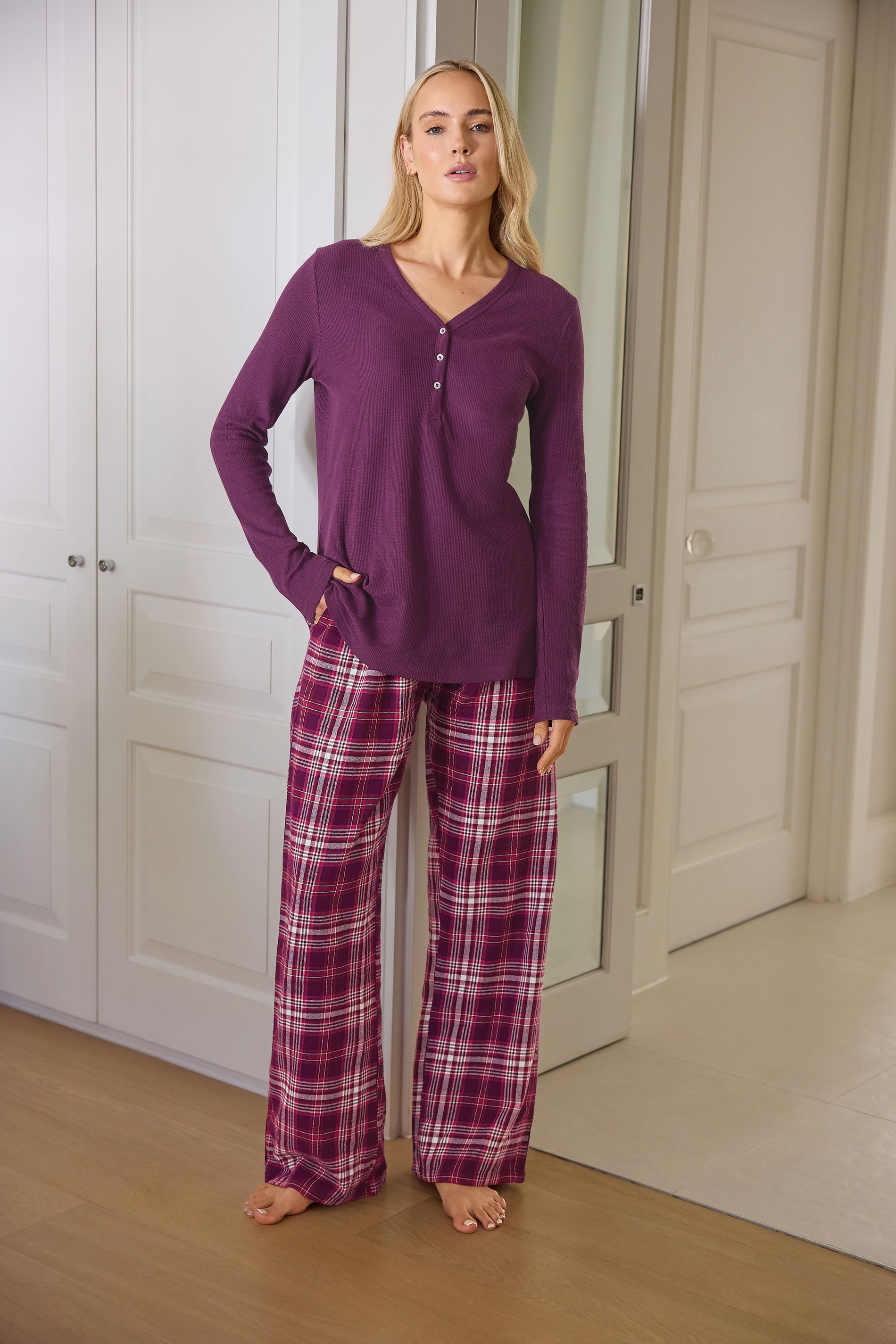 LTS Tall Burgundy Red Cotton Check Pyjama Bottoms | Long Tall Sally 1