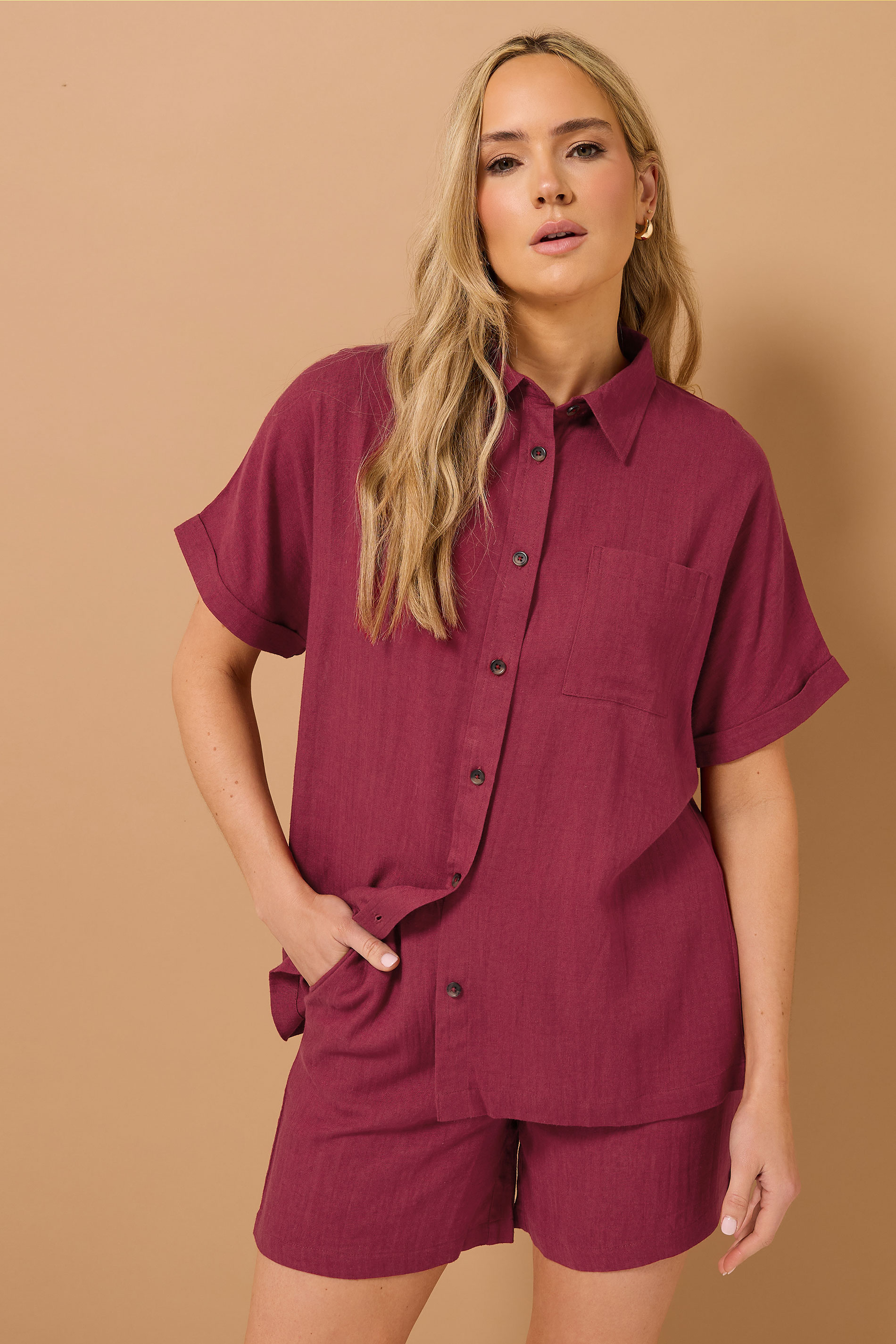LTS Tall Dark Red Linen Oversized Short Sleeve Shirt | Long Tall Sally 2