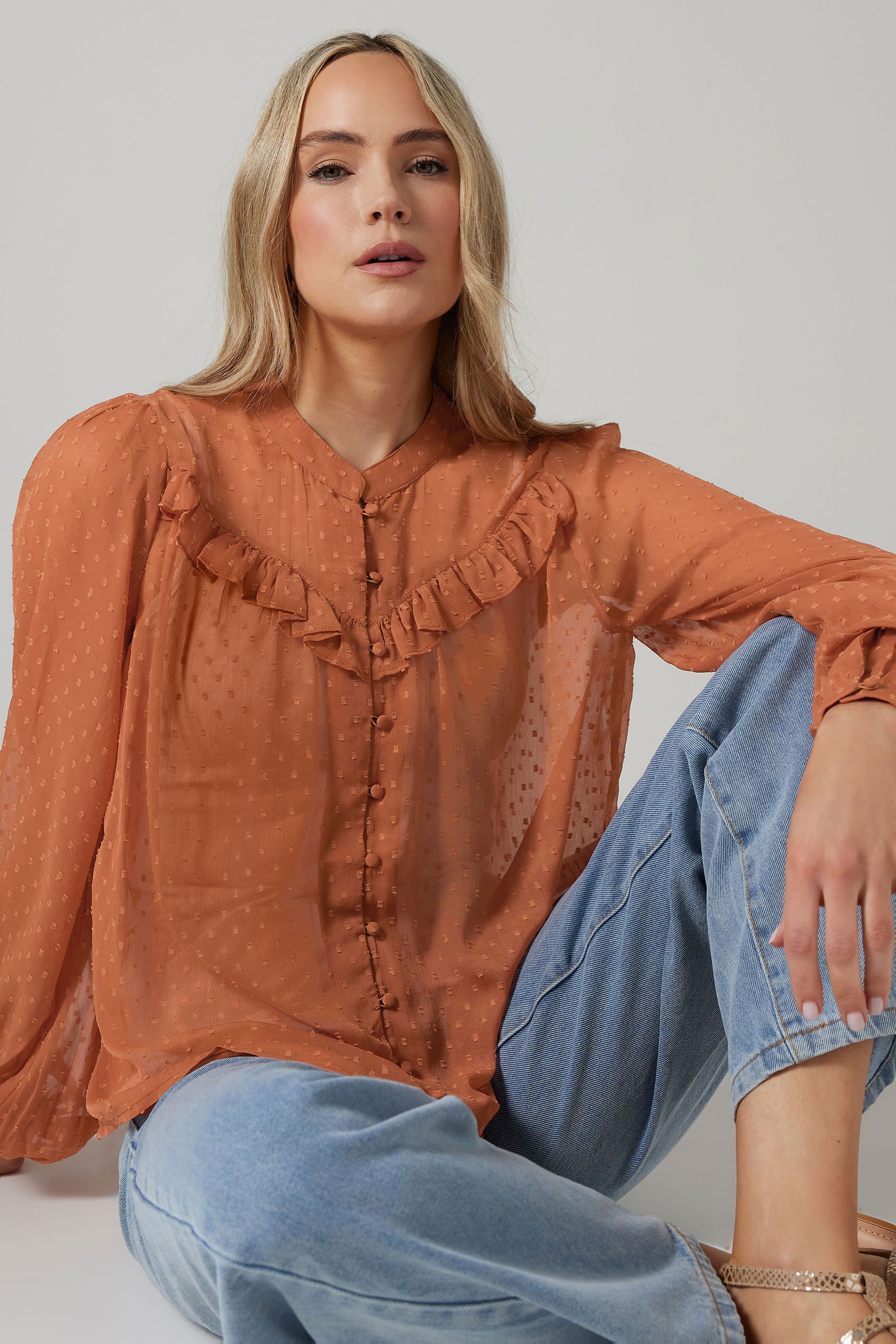 LTS Tall Coral Pink Sheer Dobby Frill Blouse | Long Tall Sally 1