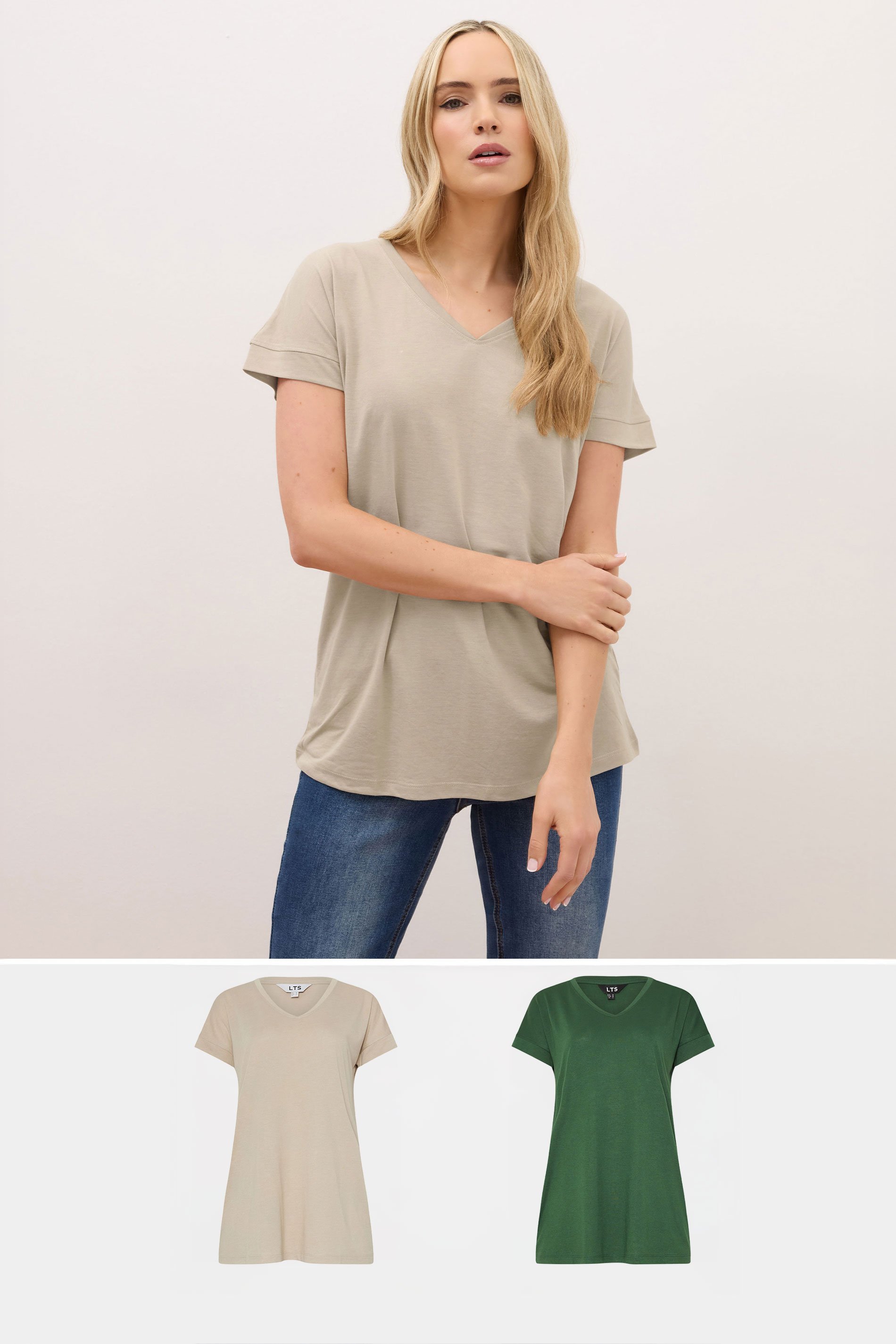 LTS PREMIUM Tall 2 PACK Khaki Green & Stone Brown V-Neck Modal T-Shirts | Long Tall Sally 1