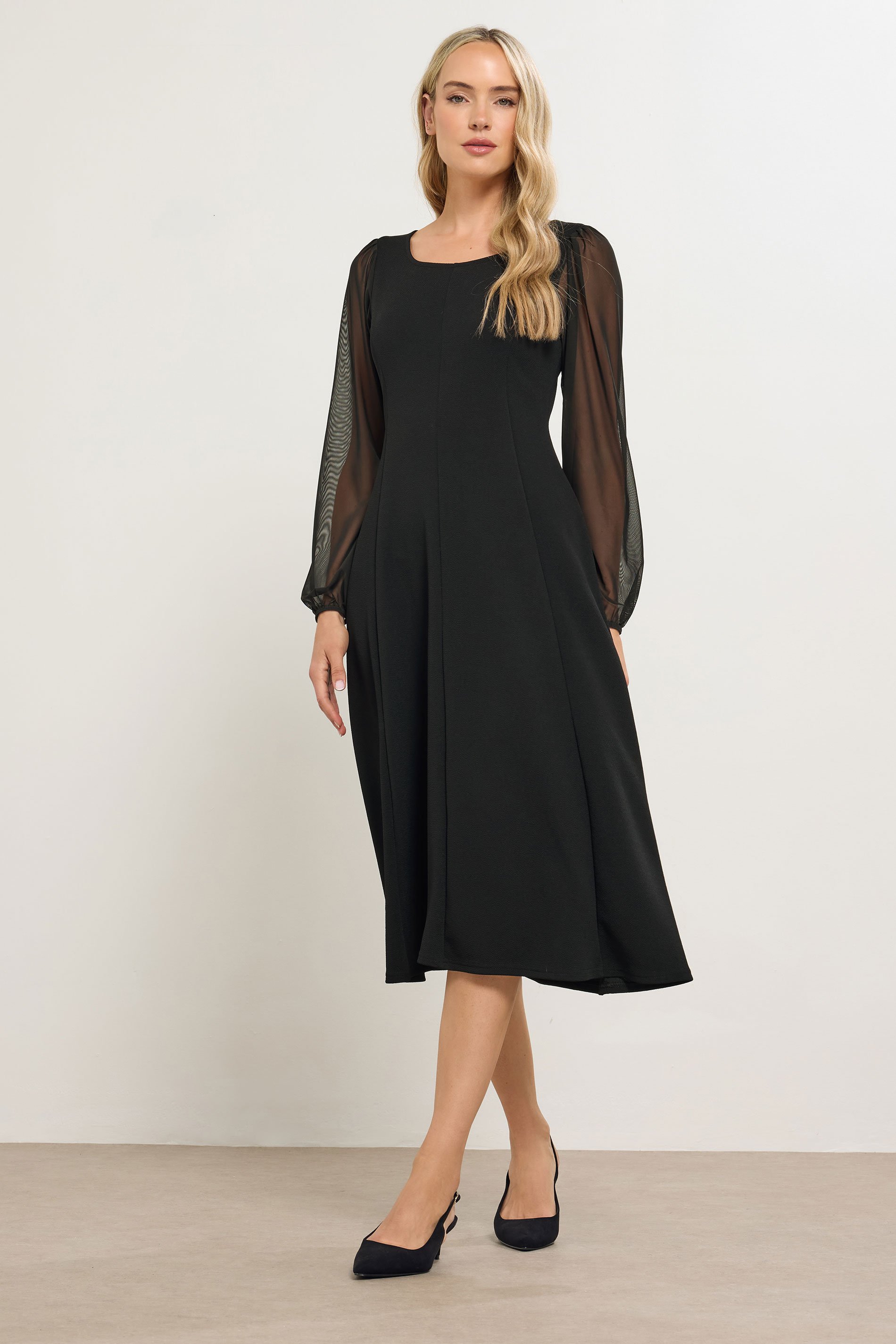 LTS Tall Black Mesh Sleeve Midi Dress | Long Tall Sally  1