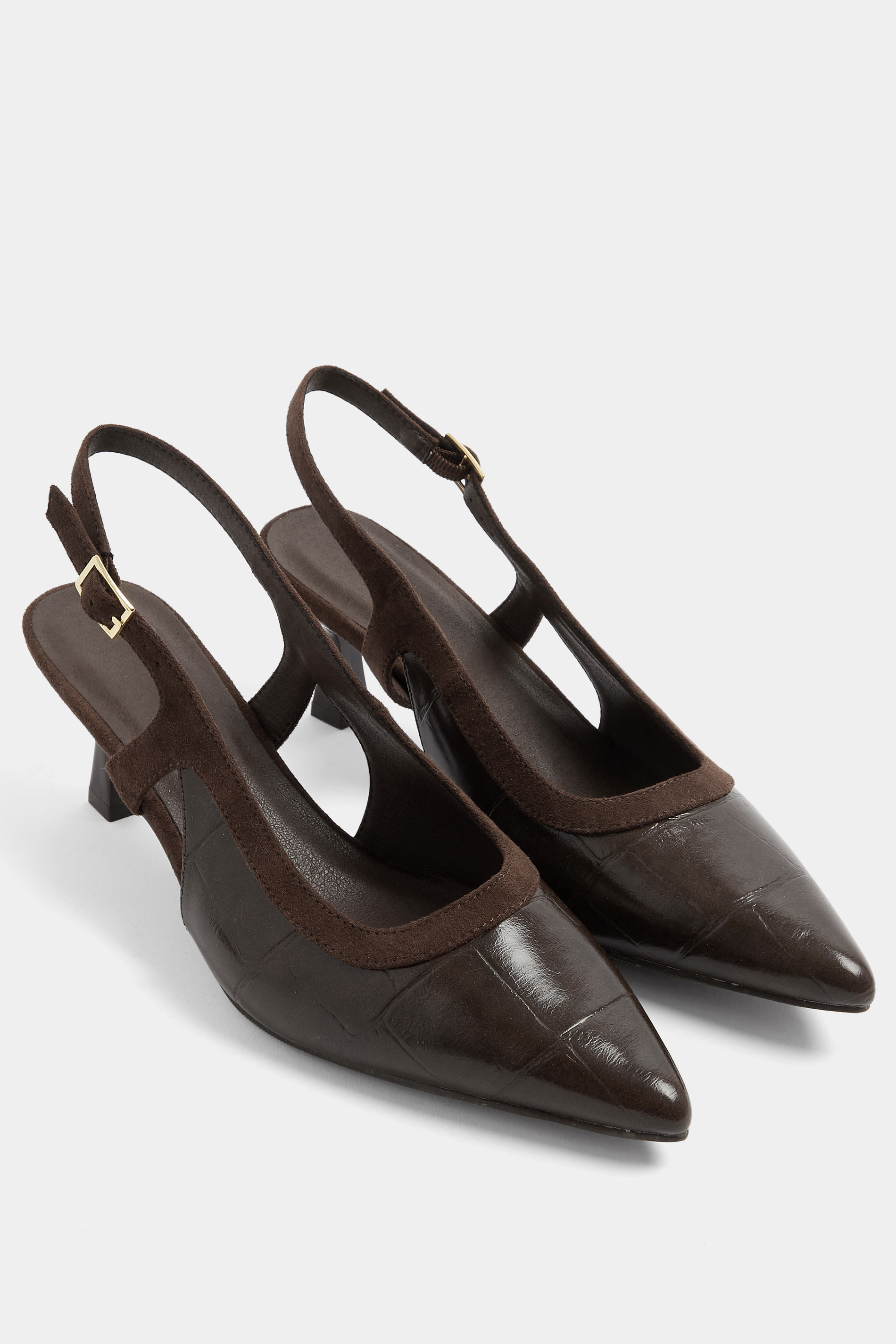 Chocolate Brown Croc Embossed Sling Back Heels In Wide E Fit | Yours Clothing 3