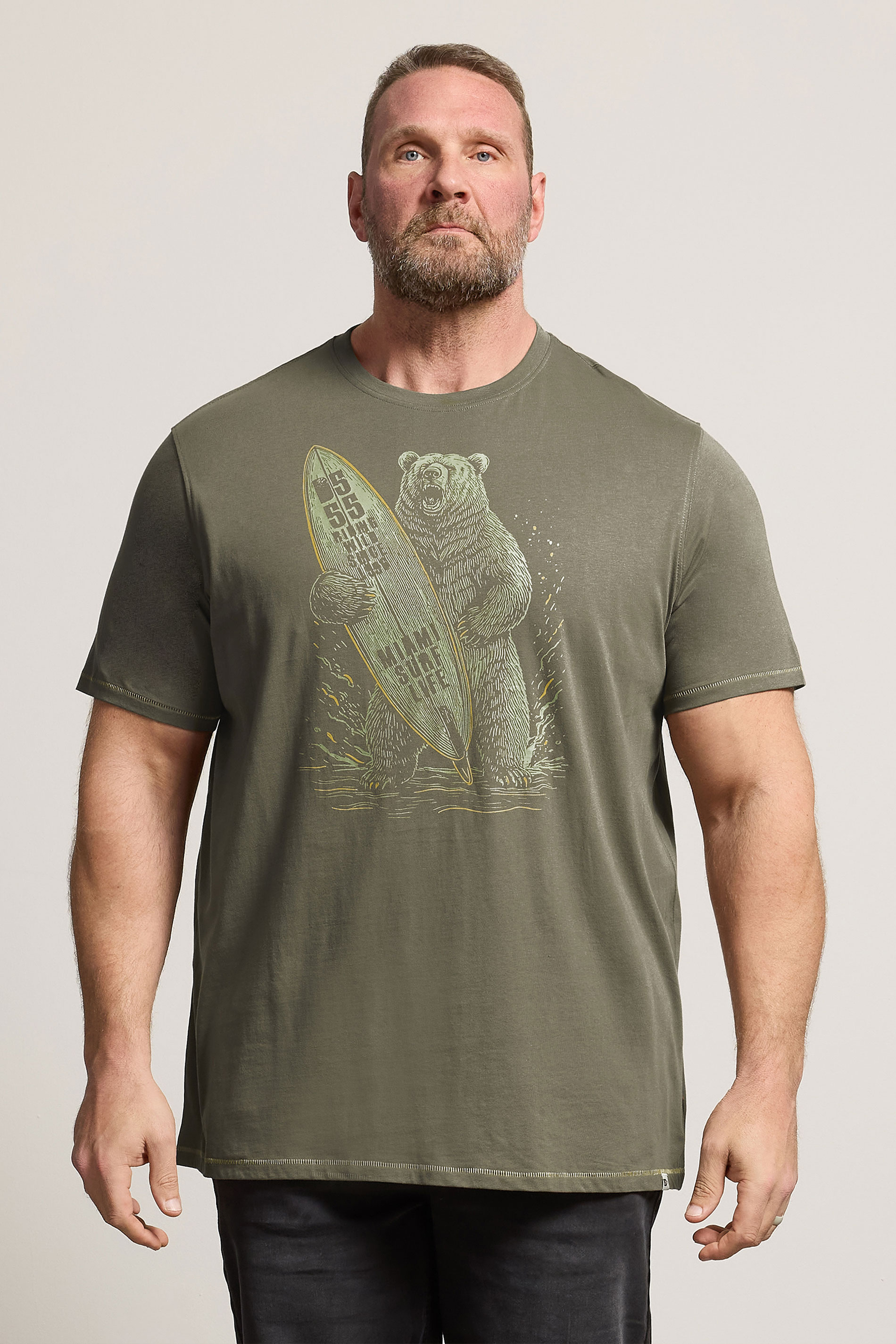D555 Big & Tall Khaki Green Surfing Bear Print T-Shirt | BadRhino 3